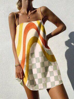Multicolor Casual Women's Vacation Colorblock Print Slip Dress